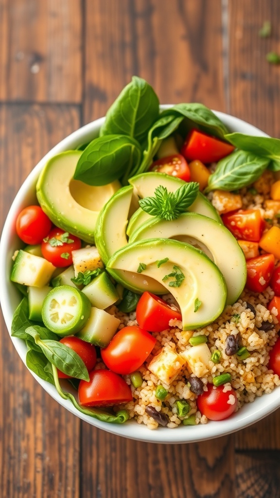 A colorful quinoa bowl with tomatoes, cucumber, bell pepper, spinach, and avocado, garnished with herbs on a wooden table.